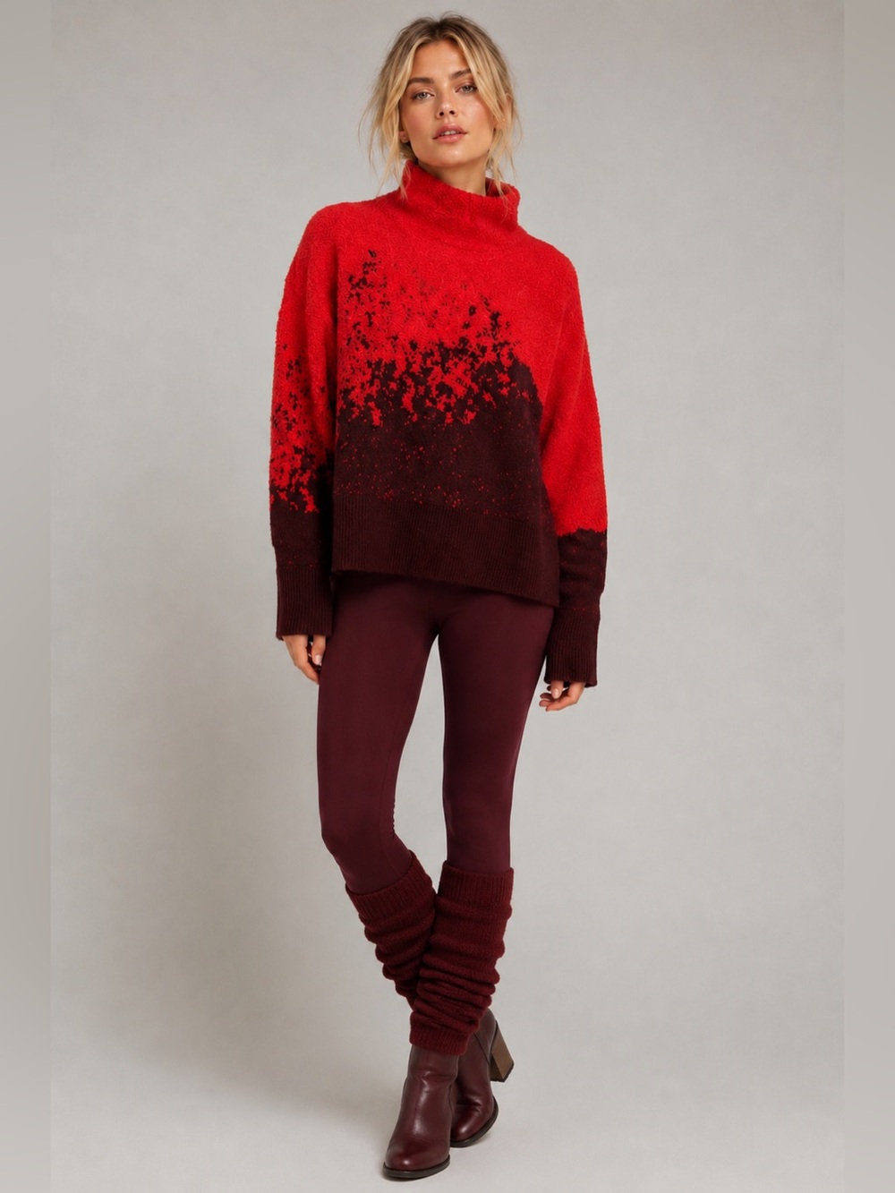 Lululemon Ombre Knit Textured Turtleneck Sweater Merino Wool Blend Red Brown 6